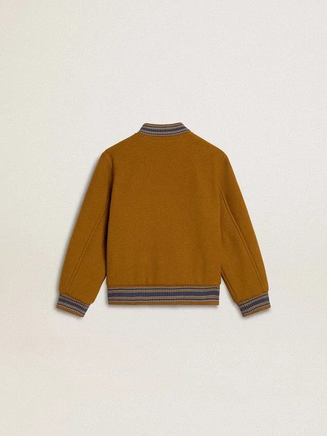 Jachetă bomber din lână pentru copii, de culoare galben ocru, cu patch