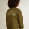 Jachetă bomber din nailon verde militar pentru copii, cu inscripție pe spate