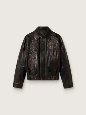 Jachetă bomber pentru femei din piele nappa de culoare burgund închis, cu broderie florală