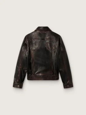 Jachetă bomber pentru femei din piele nappa de culoare burgund închis, cu broderie florală