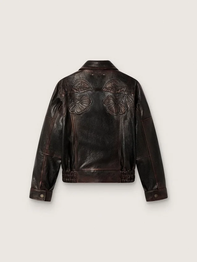 Jachetă bomber pentru femei din piele nappa de culoare burgund închis, cu broderie florală