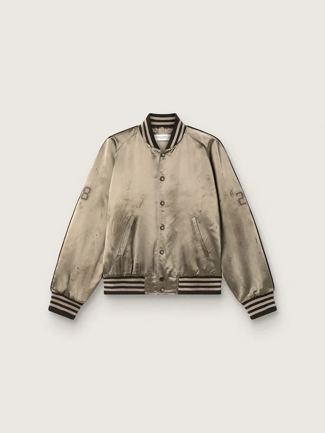 Jachetă bomber unisex din satin verde, cu tivuri și guler cu nervuri
