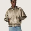 Jachetă bomber unisex din satin verde, cu tivuri și guler cu nervuri