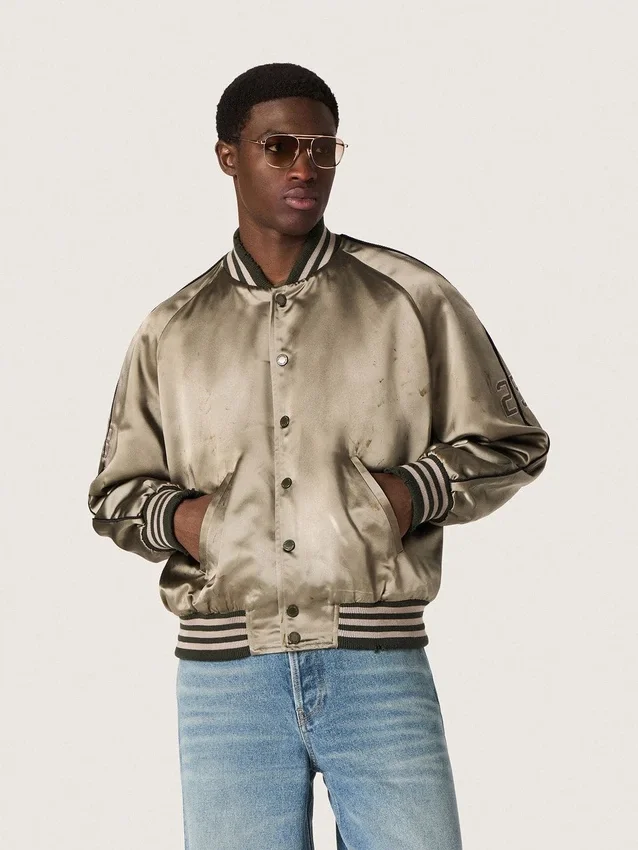 Jachetă bomber unisex din satin verde, cu tivuri și guler cu nervuri