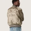 Jachetă bomber unisex din satin verde, cu tivuri și guler cu nervuri