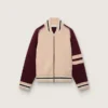 Jachetă bomber unisex din tricot jacquard alb și visiniu