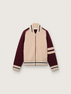 Jachetă bomber unisex din tricot jacquard alb și visiniu