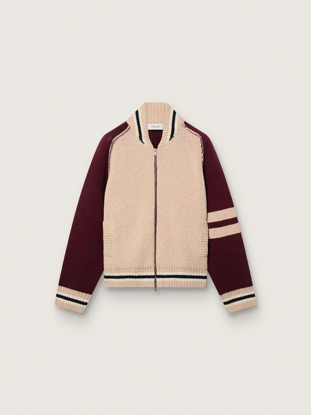 Jachetă bomber unisex din tricot jacquard alb și visiniu