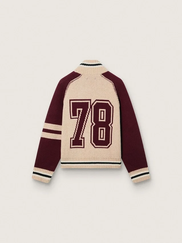 Jachetă bomber unisex din tricot jacquard alb și visiniu