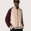 Jachetă bomber unisex din tricot jacquard alb și visiniu