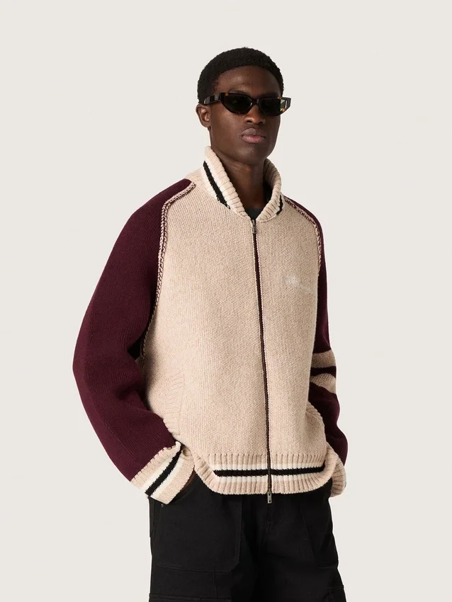 Jachetă bomber unisex din tricot jacquard alb și visiniu