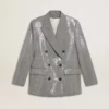Jachetă boyfriend din lână, cu două rânduri de nasturi, cu model micro houndstooth și paiete