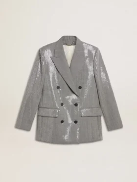 Jachetă boyfriend din lână, cu două rânduri de nasturi, cu model micro houndstooth și paiete
