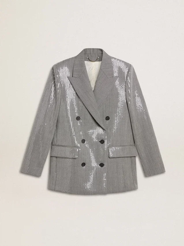 Jachetă boyfriend din lână, cu două rânduri de nasturi, cu model micro houndstooth și paiete