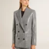 Jachetă boyfriend din lână, cu două rânduri de nasturi, cu model micro houndstooth și paiete