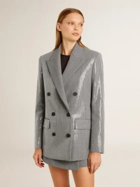 Jachetă boyfriend din lână, cu două rânduri de nasturi, cu model micro houndstooth și paiete