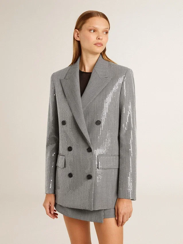 Jachetă boyfriend din lână, cu două rânduri de nasturi, cu model micro houndstooth și paiete