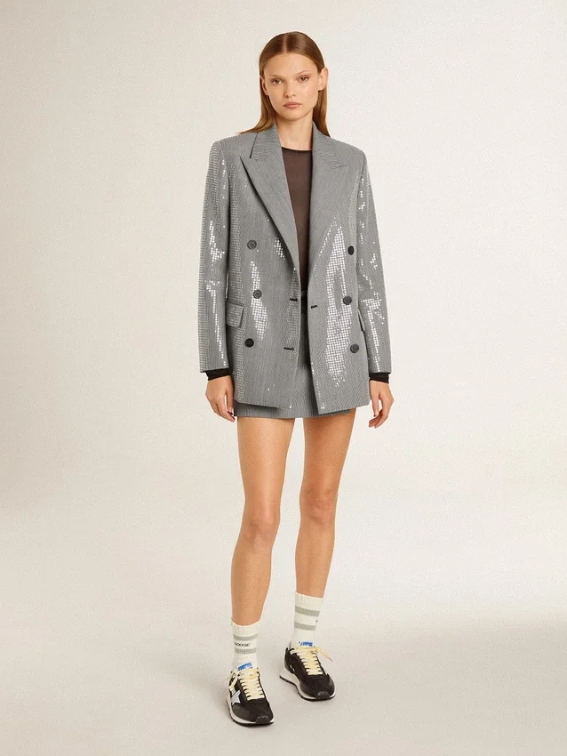 Jachetă boyfriend din lână, cu două rânduri de nasturi, cu model micro houndstooth și paiete