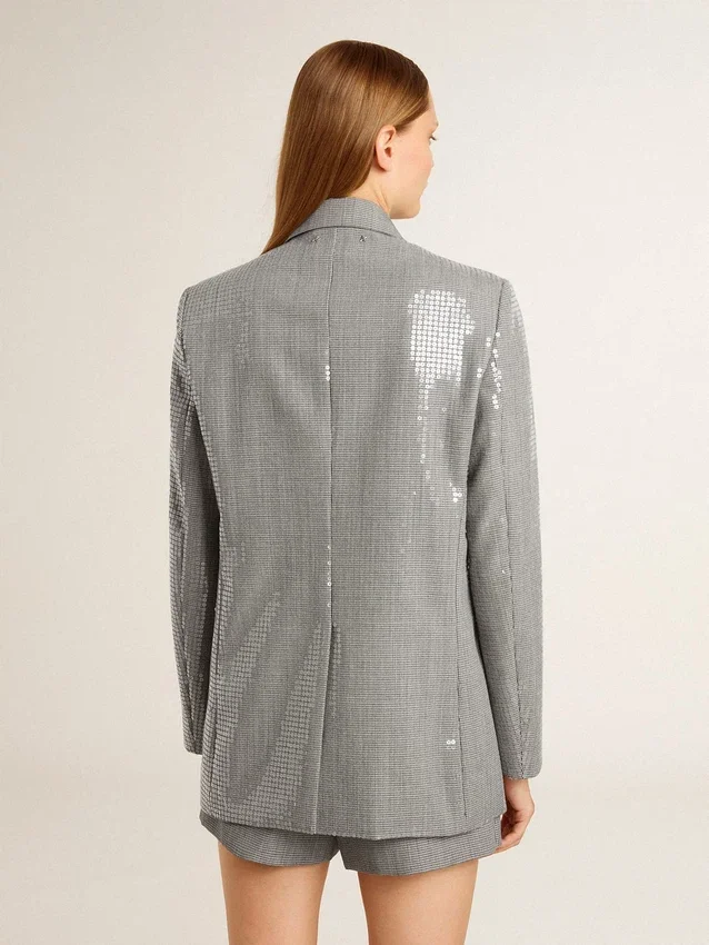 Jachetă boyfriend din lână, cu două rânduri de nasturi, cu model micro houndstooth și paiete