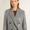 Jachetă boyfriend din lână, cu două rânduri de nasturi, cu model micro houndstooth și paiete