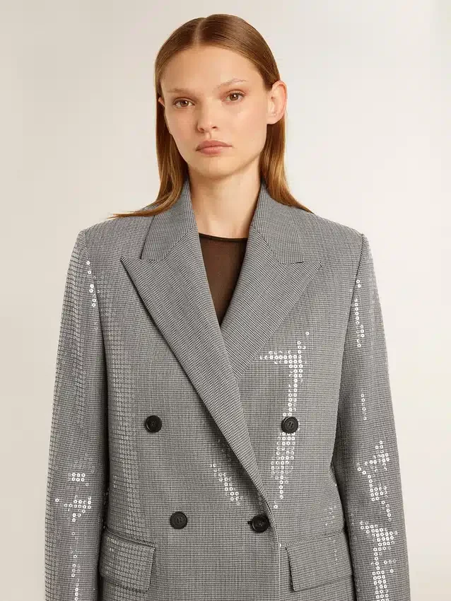 Jachetă boyfriend din lână, cu două rânduri de nasturi, cu model micro houndstooth și paiete