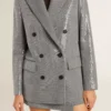 Jachetă boyfriend din lână, cu două rânduri de nasturi, cu model micro houndstooth și paiete