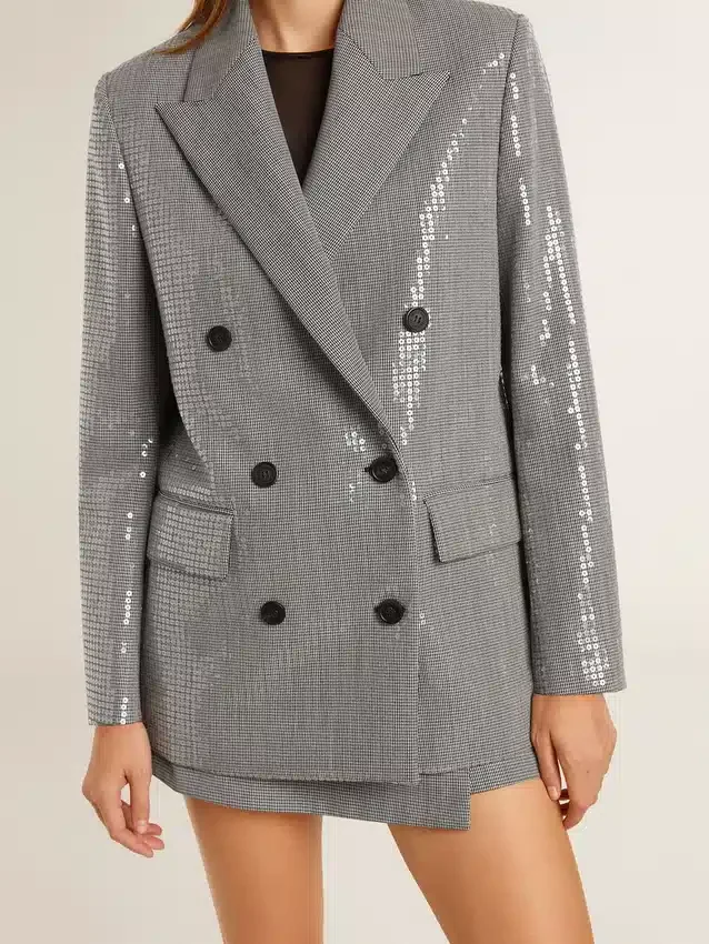 Jachetă boyfriend din lână, cu două rânduri de nasturi, cu model micro houndstooth și paiete