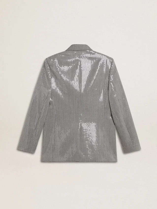Jachetă boyfriend din lână, cu două rânduri de nasturi, cu model micro houndstooth și paiete