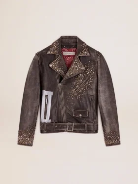 Jachetă de motociclist din piele pentru bărbați, cu ținte ciocănite și bandă adezivă