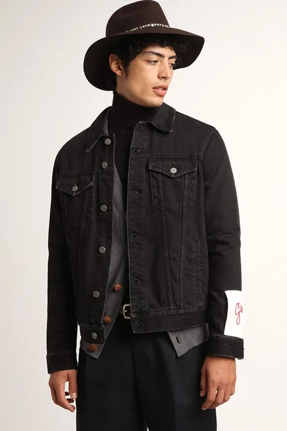 Jachetă din denim negru pentru bărbați, cu o singură spălare