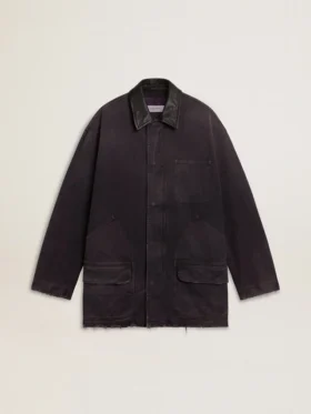 Jachetă din denim pentru bărbați, cu detalii uzate și guler din piele