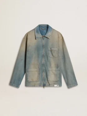 Jachetă din denim pentru bărbați cu efect uzat și fermoar