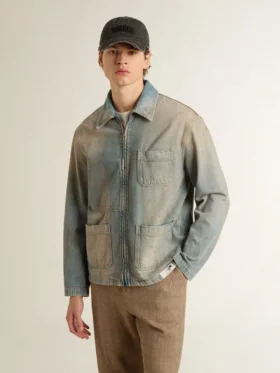 Jachetă din denim pentru bărbați cu efect uzat și fermoar