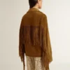 Jachetă din piele de căprioară de culoare tutun pentru femei, cu franjuri