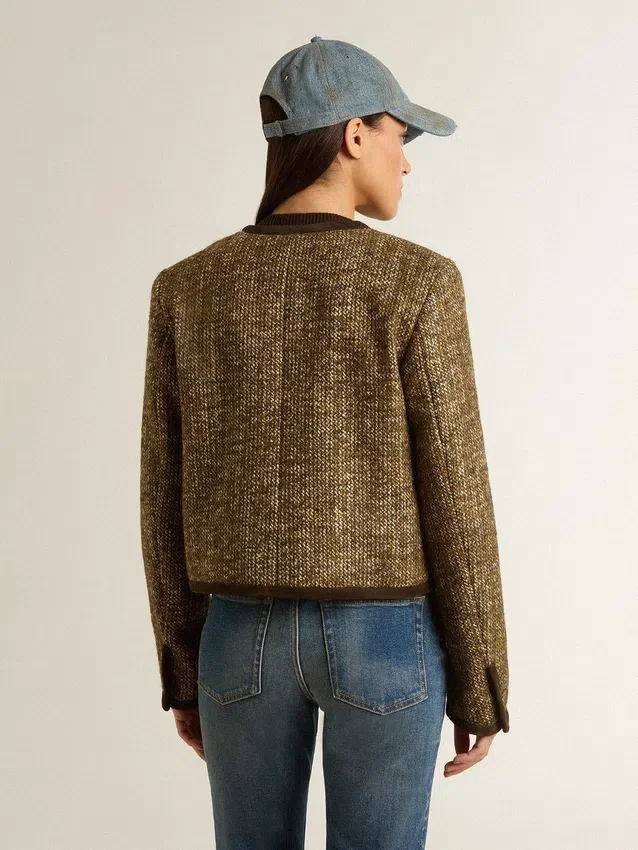 Jachetă Journey pentru femei din tweed de lână cu detalii din piele de căprioară de culoare cafea