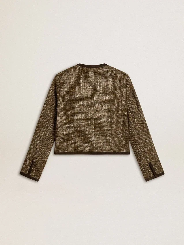Jachetă Journey pentru femei din tweed de lână cu detalii din piele de căprioară de culoare cafea