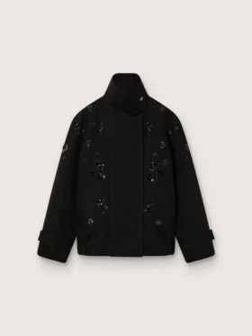 Jachetă oversized pentru femei din sargă de bumbac neagră, cu broderie florală din paiete