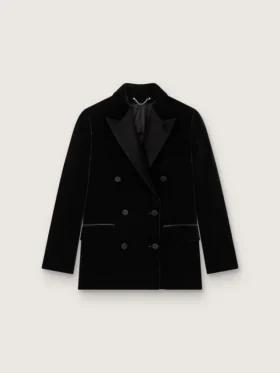 Jachetă pentru femei cu două rânduri de nasturi, din catifea neagră, cu revere din satin negru