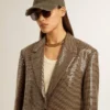 Jachetă pentru femei cu model în carouri și broderie cu paiete pe toată suprafața