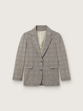 Jachetă pentru femei în carouri Prince of Wales gri, cu broderie cu cristale