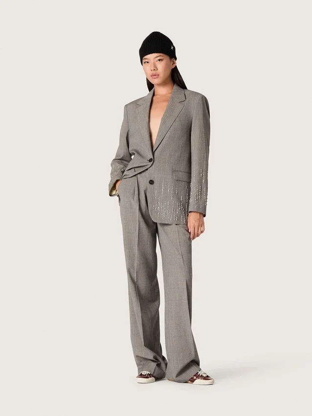 Pantaloni oversized pentru femei, cu model în carouri Prince of Wales gri