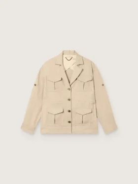 Jachetă safari pentru femei din viscoză bej cu model micro-chevron