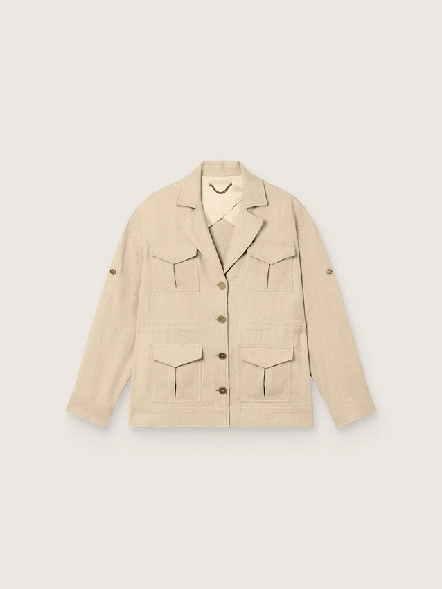 Jachetă safari pentru femei din viscoză bej cu model micro-chevron