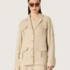 Jachetă safari pentru femei din viscoză bej cu model micro-chevron