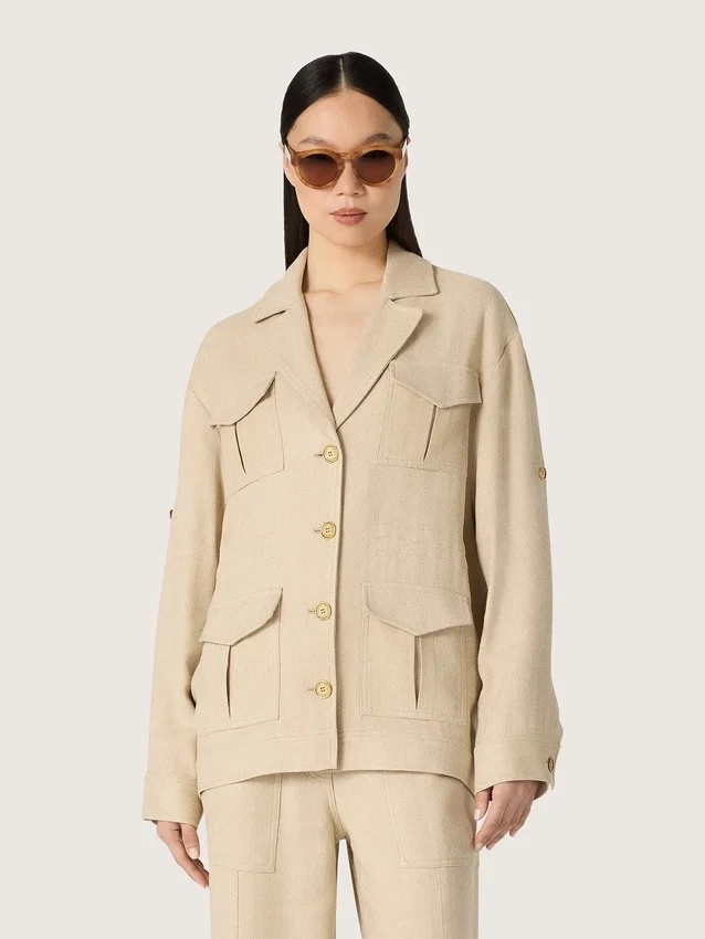 Jachetă safari pentru femei din viscoză bej cu model micro-chevron