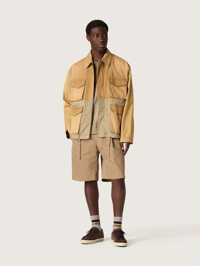 Jachetă safari unisex din bumbac bej și verde militar, cu buzunare mari