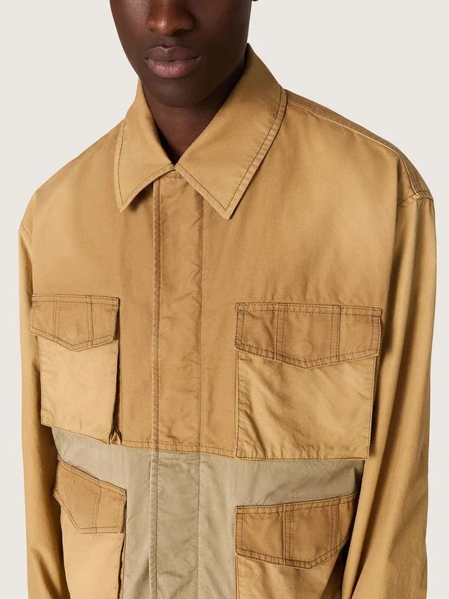 Jachetă safari unisex din bumbac bej și verde militar, cu buzunare mari