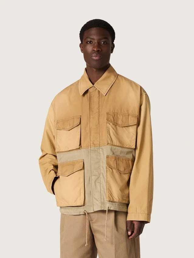 Jachetă safari unisex din bumbac bej și verde militar, cu buzunare mari