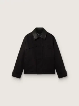 Jachetă scurtă căptușită pentru bărbați, din bumbac negru, cu guler din piele