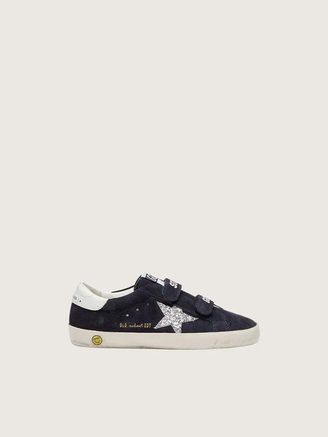 Junior Old School din piele de căprioară albastră, cu stea argintie cu sclipici și bandă de piele albă la călcâi